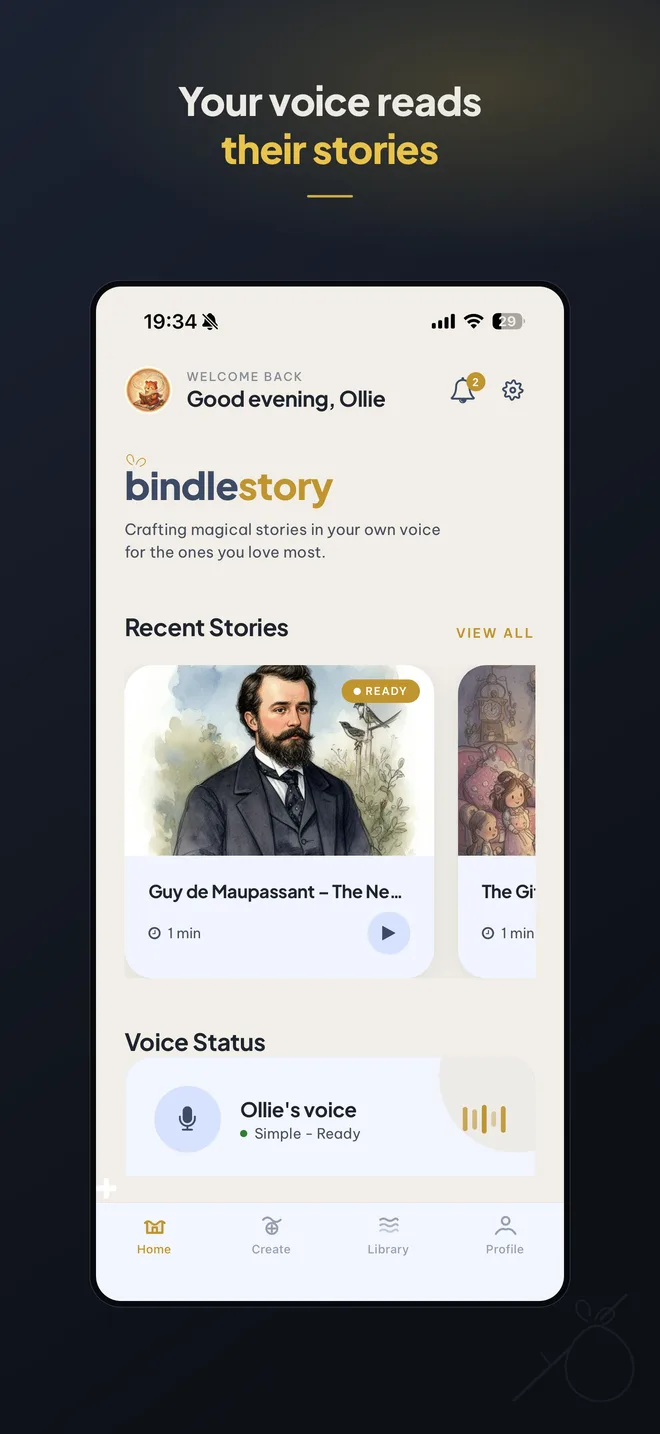The Bindlestory home screen: recent stories and your voice status
